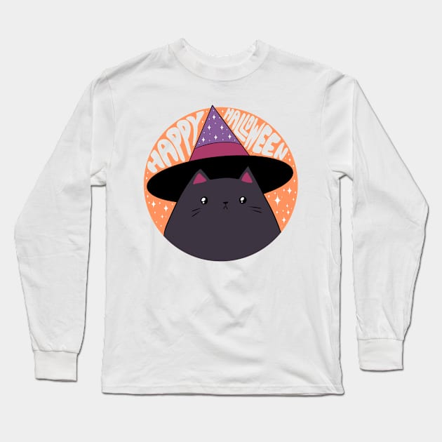 Happy halloween a Cute black cat wearing a witch hat Long Sleeve T-Shirt by Yarafantasyart